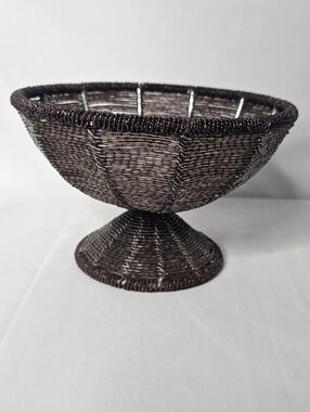 Vintage African Beaded Wire Bowl 7" Handcrafted Footed Basket Decorative Metal